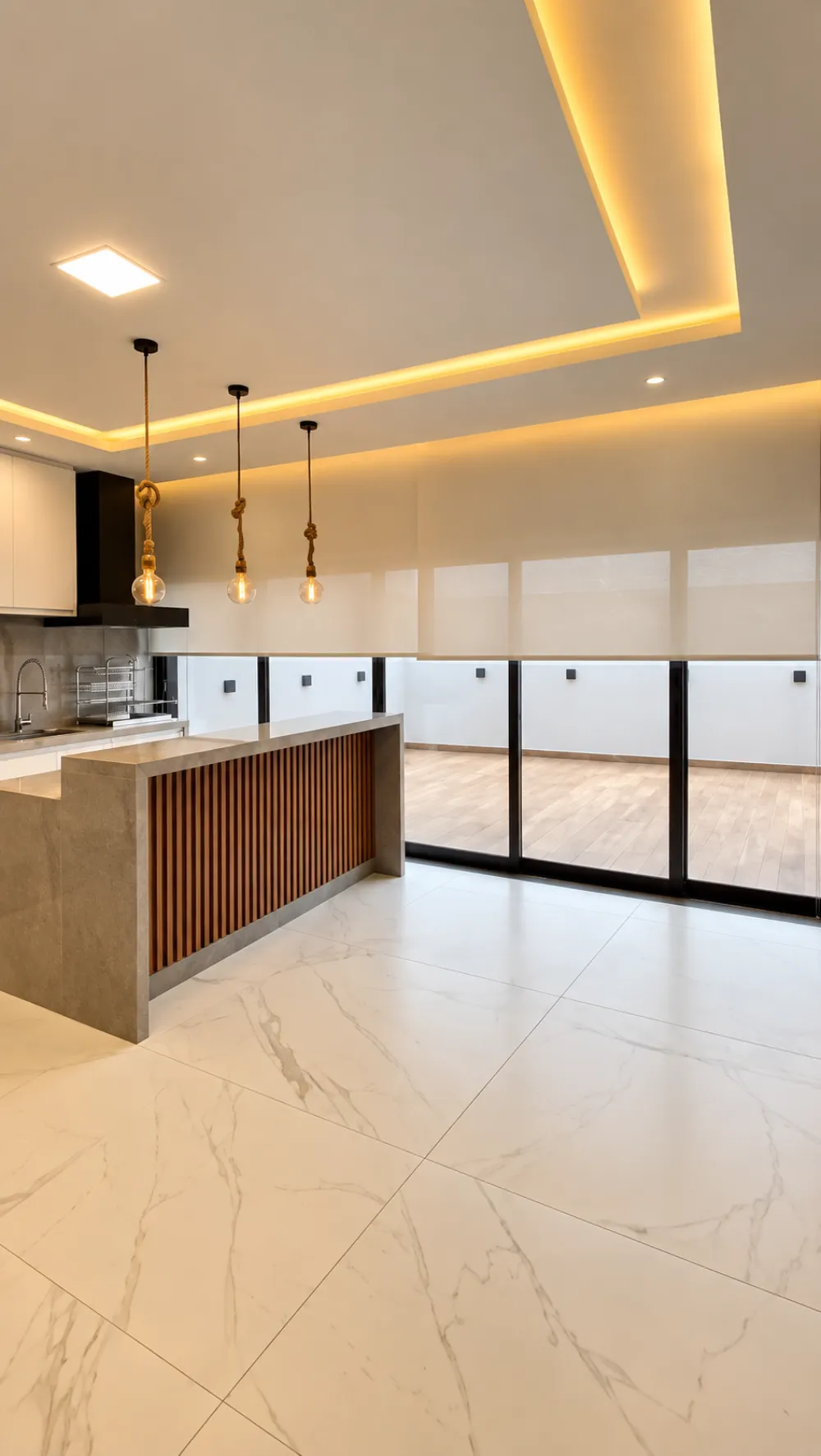 Cozinha integrada com rolô screen nas portas de vidro