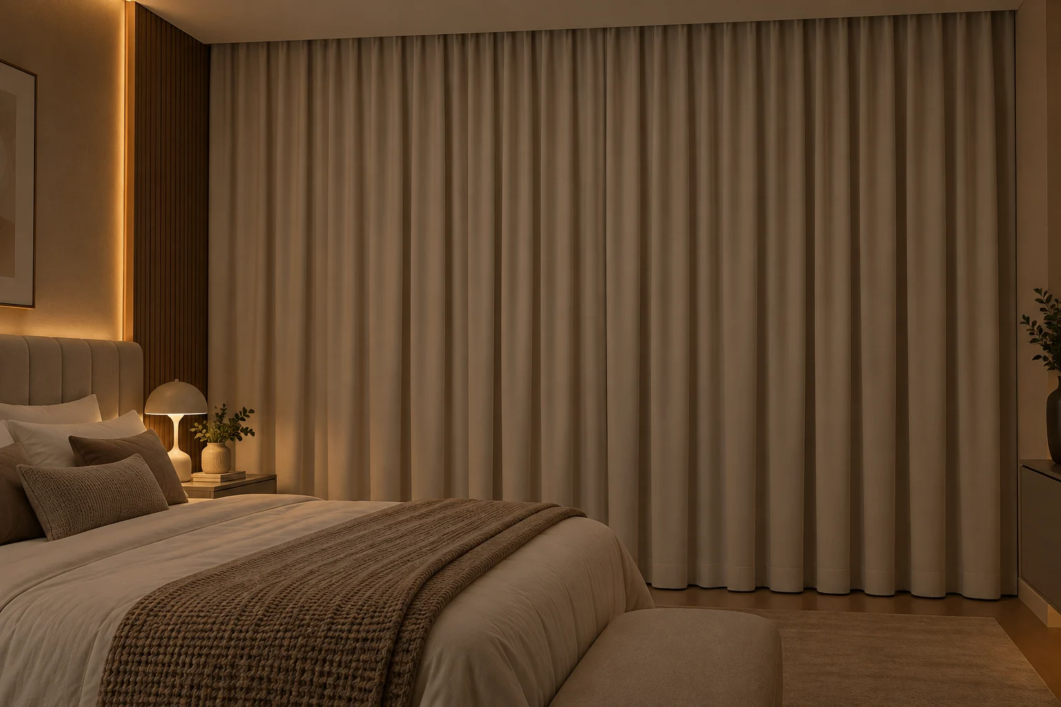 Quarto aconchegante com cortina blackout fechada cobrindo a janela